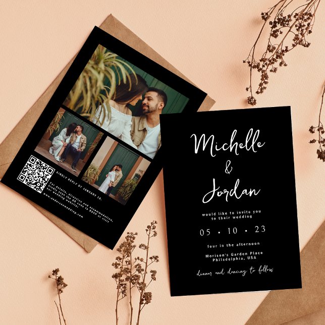 Invitación Boda negro con código QR de la foto de escritura m (Subido por el creador)