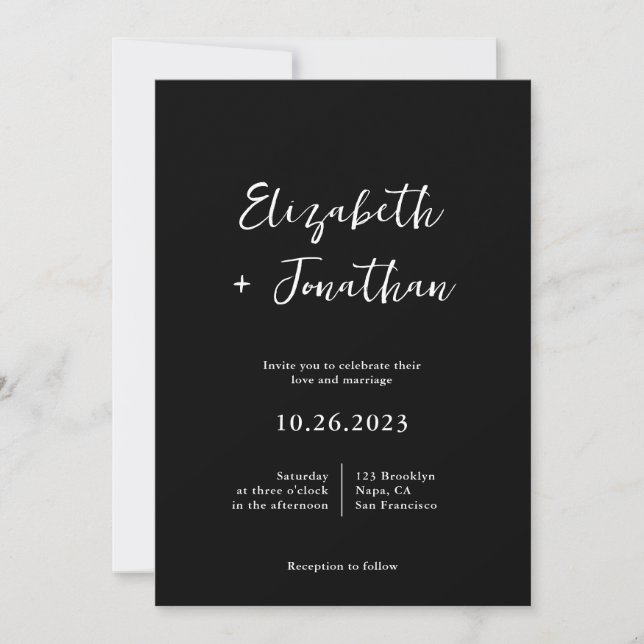 Invitación Boda negro con escritura clásica moderna (Anverso)