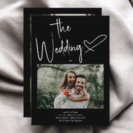 Invitación Boda negro con fotografía de corazón con escritura