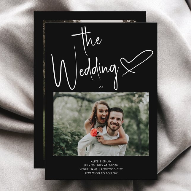 Invitación Boda negro con fotografía de corazón con escritura (Subido por el creador)