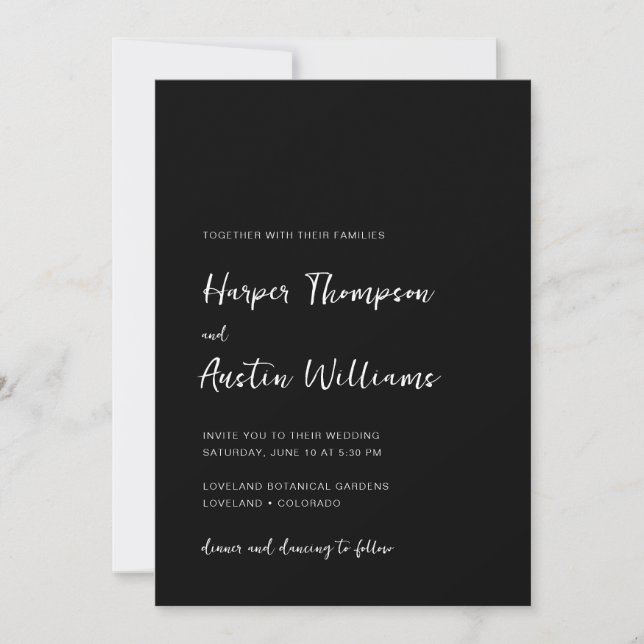 Invitación Boda negro con guión moderno simple (Anverso)