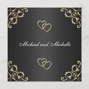 Invitación Boda Negro con Ribetes de Metal Dorado
