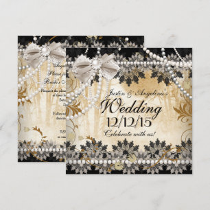 Invitación Boda Negro Crema Beige Encaje Asiático Floral