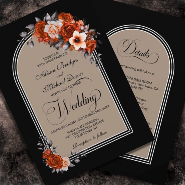 Invitación Boda negro de arco floral Naranja quemado (Subido por el creador)