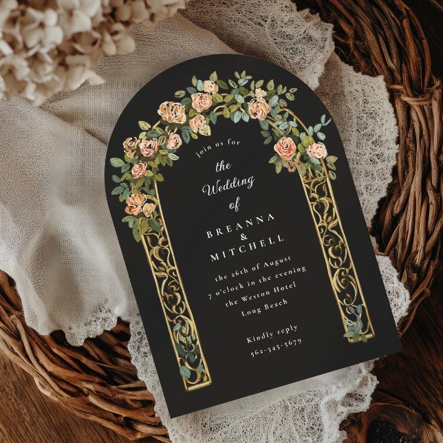 Invitación Boda negro de arco rosa pintado a mano (Subido por el creador)