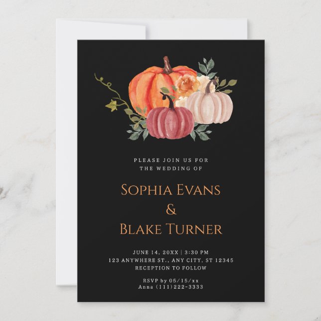 Invitación Boda negro de calabaza blanca y púrpura naranja (Anverso)