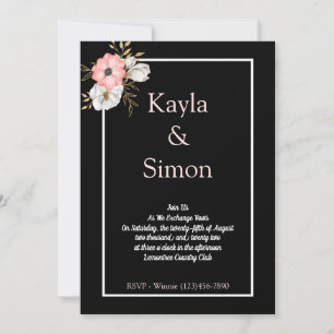 Invitación Boda negro de color de agua floral minimalista