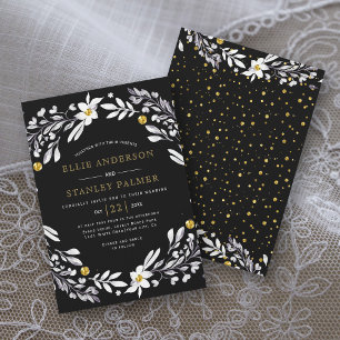 Invitación Boda negro de confeti dorado de marco floral blanc