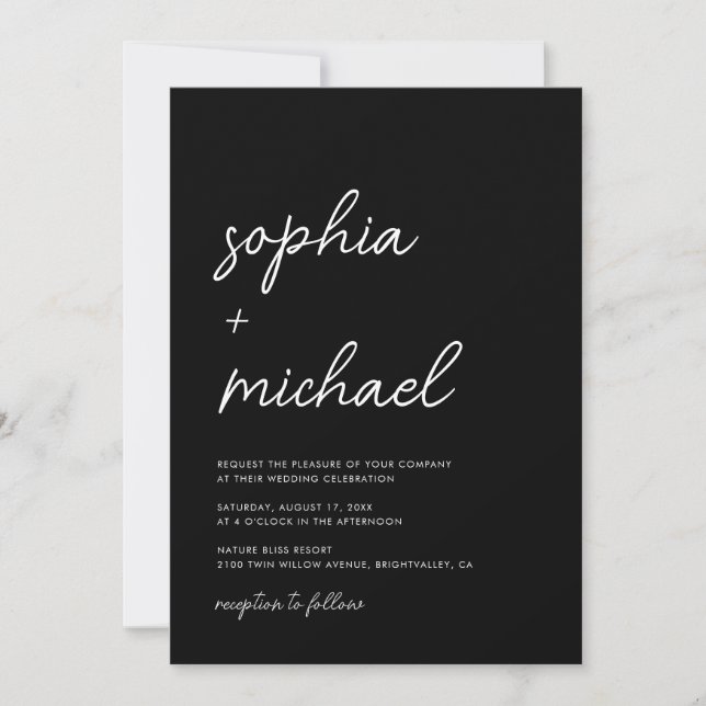 Invitación Boda negro de escritura Minimalista moderna (Anverso)