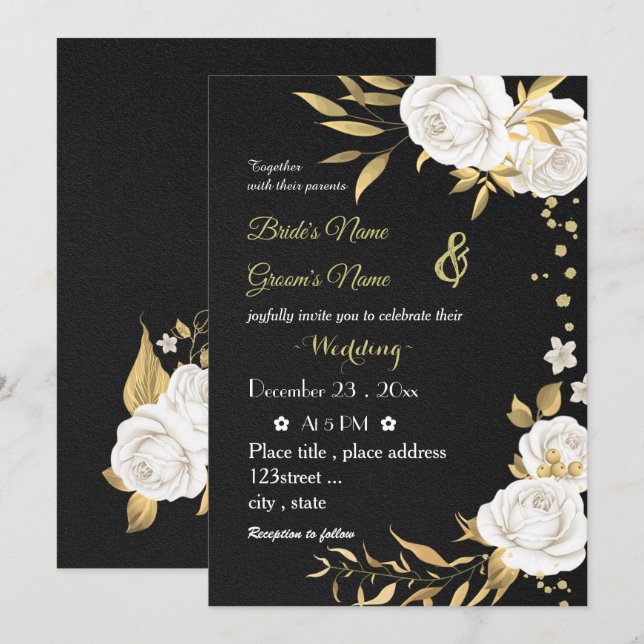 Invitación boda negro de flores blancas (Anverso / Reverso)