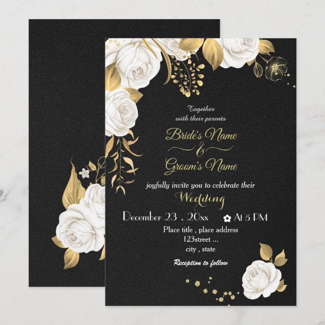 Invitación boda negro de flores blancas (Anverso / Reverso)
