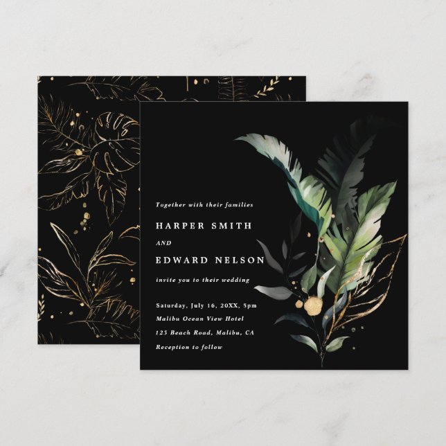 Invitación Boda negro de follaje tropical salvaje (Anverso / Reverso)