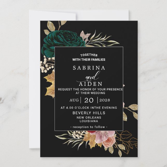 Invitación Boda negro de Greeny la esmeralda borgoñona otoñal (Anverso)