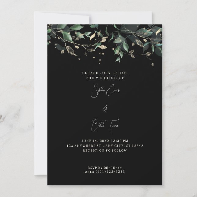 Invitación Boda negro de hojas y vides modernas (Anverso)