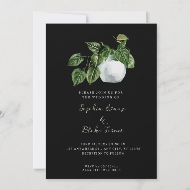 Invitación Boda negro de la planta pulida de campo moderno (Anverso)