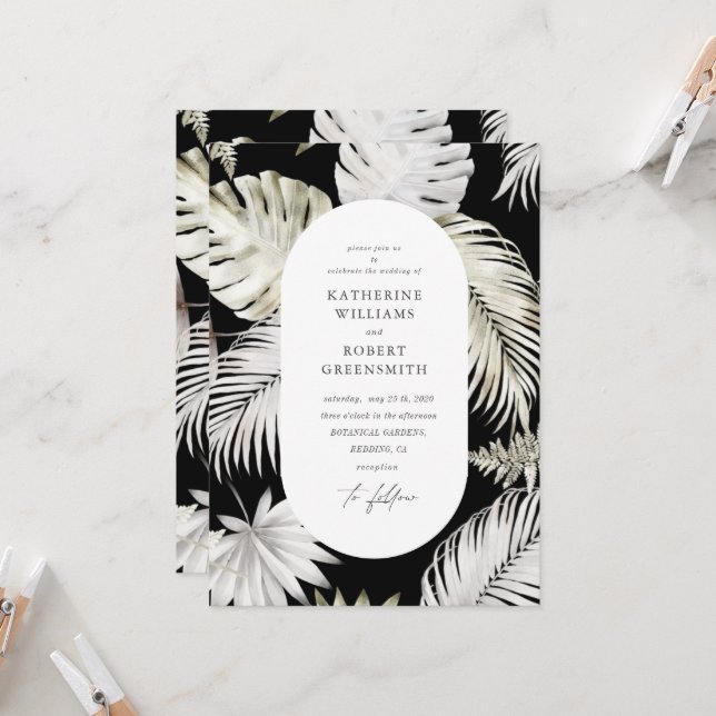 Invitación Boda negro de lujo tropical follaje (Anverso/Reverso In Situ)