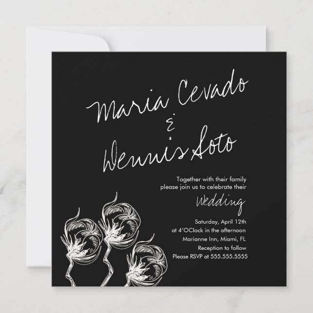 Invitación Boda negro de mano de la planta botánica de algodó (Anverso)
