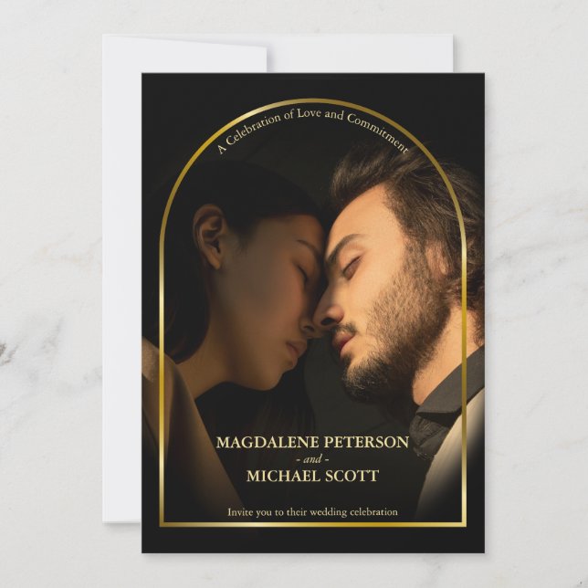 Invitación Boda negro de marco de arco de oro fotográfico per (Anverso)