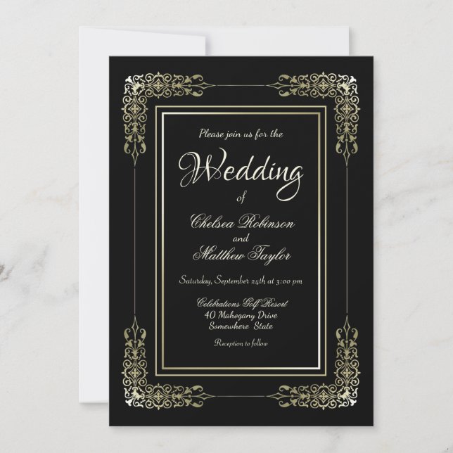 Invitación Boda negro de marco dorado (Anverso)