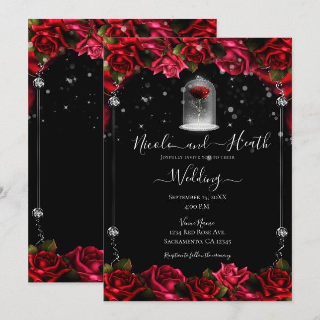 Invitación Boda negro de oro blanco rosa rojo mágico (Anverso / Reverso)