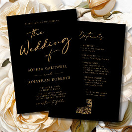 Invitación Boda negro de oro de caligrafía moderna todo en un