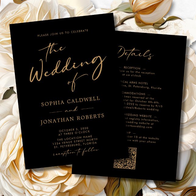 Invitación Boda negro de oro de caligrafía moderna todo en un (Gold on Black Modern Calligraphy All in One Double Sided Wedding Invitation)