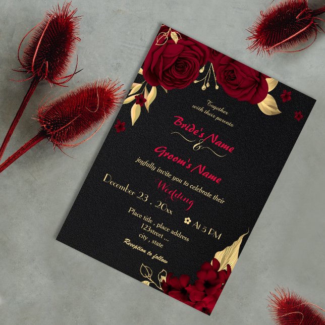Invitación boda negro de oro de flores burdeos (Subido por el creador)