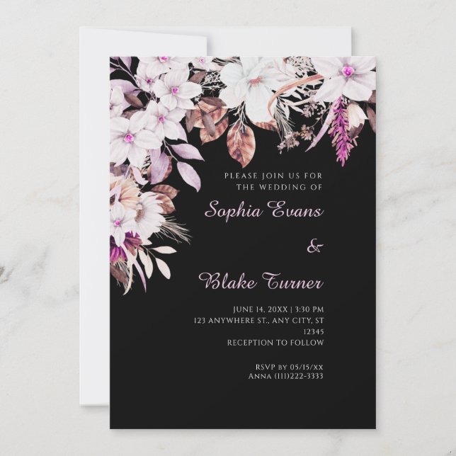 Invitación Boda negro de otoño con flores rosadas y blancas d (Anverso)