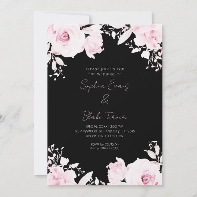 Invitación Boda negro de verano de rosas rosadas románticas (Anverso)