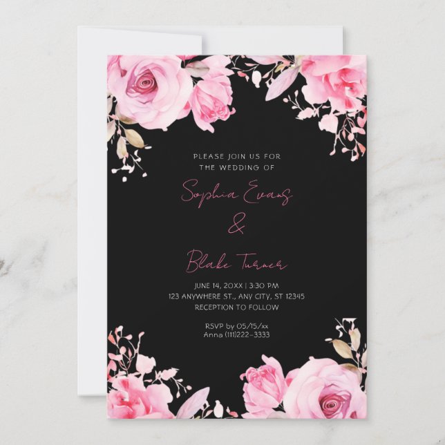 Invitación Boda negro de verano de rosas rosadas románticas (Anverso)