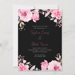 Invitación Boda negro de verano de rosas rosadas románticas