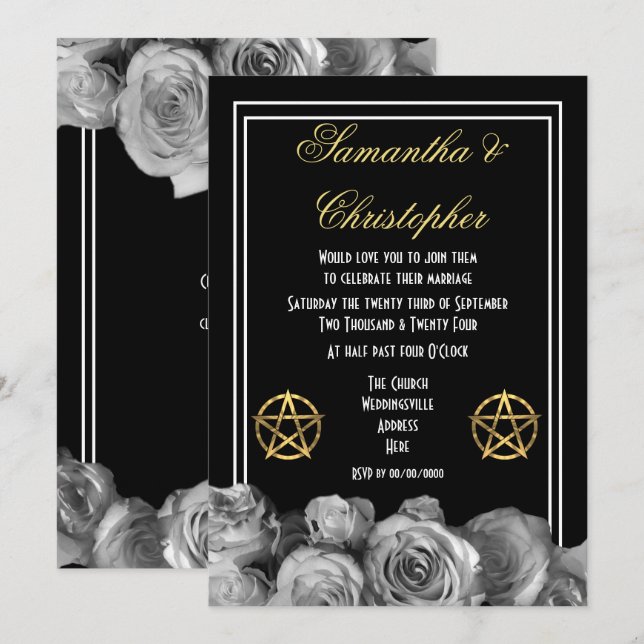 Invitación boda negro de Wiccan pentacle (Anverso / Reverso)