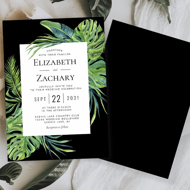 Invitación Boda negro del marco del follaje tropical exuberan (Subido por el creador)