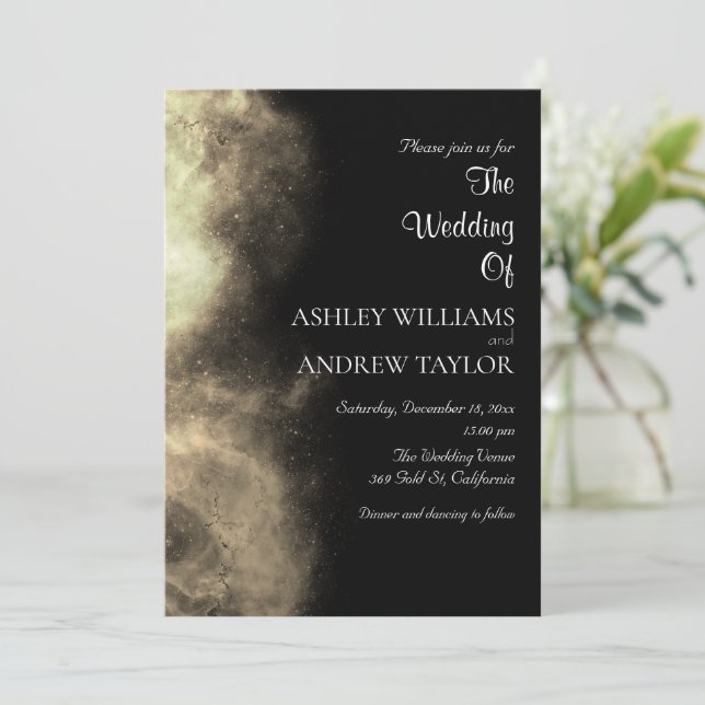 Invitación Boda negro elegante con estrellas de cielo amarill (Anverso de pie)