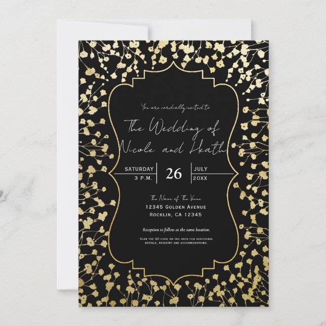 Invitación Boda negro elegante con flores de aliento de bebé  (Anverso)