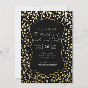 Invitación Boda negro elegante con flores de aliento de bebé