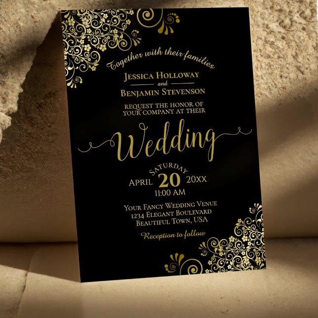 Invitación Boda negro elegante de adornos dorados (Subido por el creador)