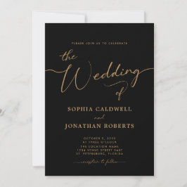 Invitación Boda negro elegante de caligrafía dorada todo en u