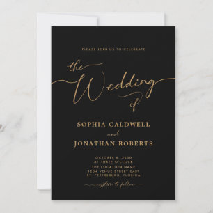 Invitación Boda negro elegante de caligrafía dorada todo en u