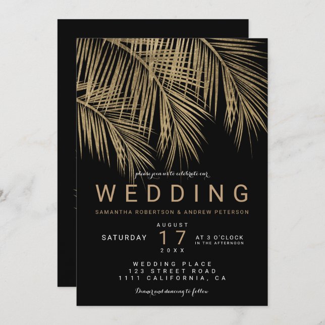 Invitación Boda negro elegante de la palmera de oro falso mod (Anverso / Reverso)