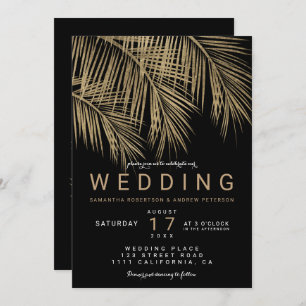 Invitación Boda negro elegante de la palmera de oro falso mod