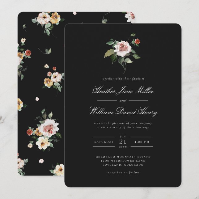 Invitación Boda negro floral (Anverso / Reverso)
