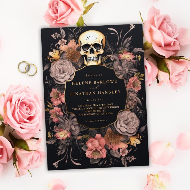 Invitación Boda negro floral de cráneo gótico (Gothic Skull Floral Black Wedding Invitation)
