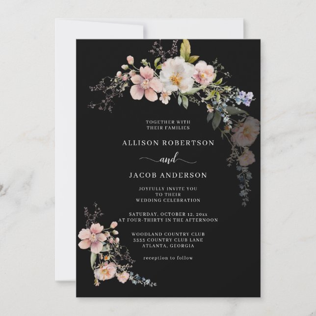 Invitación Boda negro floral de flores silvestres rosadas bot (Anverso)