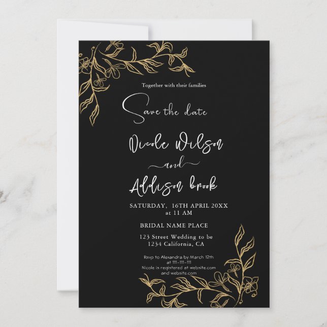 Invitación Boda negro floral dorado (Anverso)