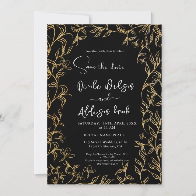 Invitación Boda negro floral dorado (Anverso)