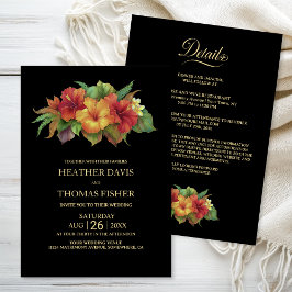 Invitación Boda negro floral tropical todo en uno