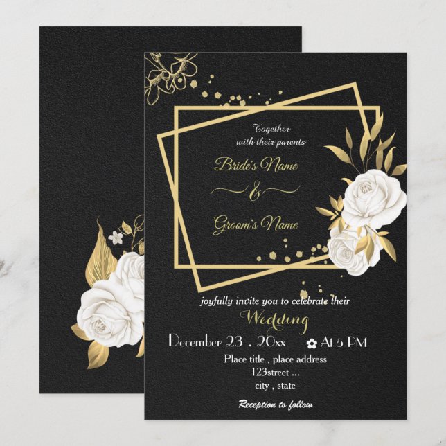 Invitación boda negro geométrico de las flores blancas (Anverso / Reverso)