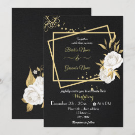 Invitación boda negro geométrico de las flores blancas
