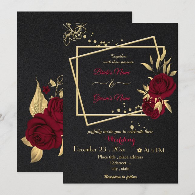 Invitación boda negro geométrico de las flores burdeos (Anverso / Reverso)